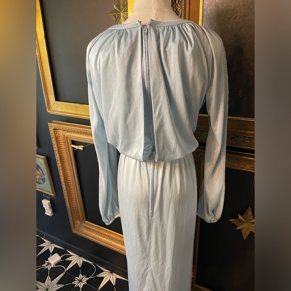 Vintage 70s Montgomery Ward Long Blue Dress with Lace S - Picture 3 of 10